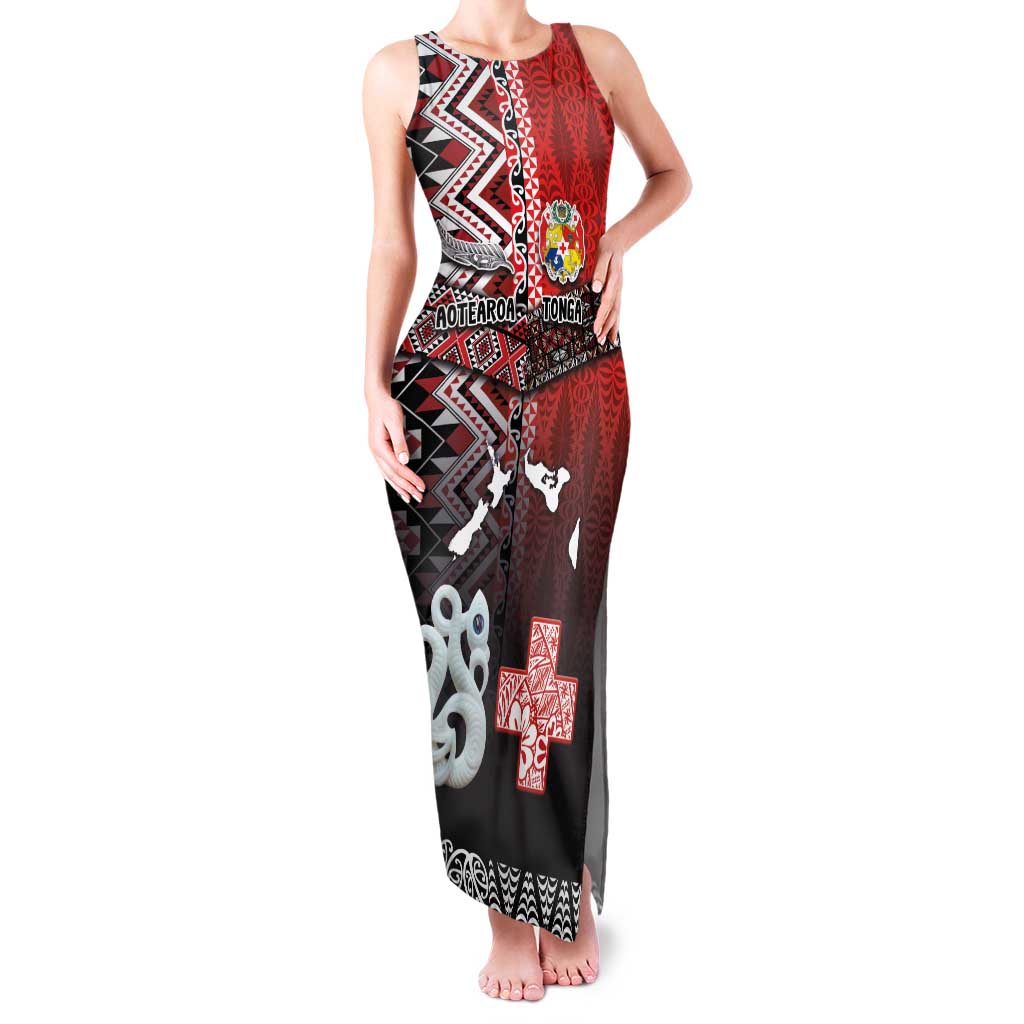 Personalised Aotearoa and Tonga Together Family Matching Tank Maxi Dress and Hawaiian Shirt Manaia and Tongan Tribal Cross - Taniko and Ngatu Art Tattoo LT03 Mom's Dress Red - Polynesian Pride