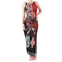 Personalised Aotearoa and Tonga Together Family Matching Tank Maxi Dress and Hawaiian Shirt Manaia and Tongan Tribal Cross - Taniko and Ngatu Art Tattoo LT03 Mom's Dress Red - Polynesian Pride