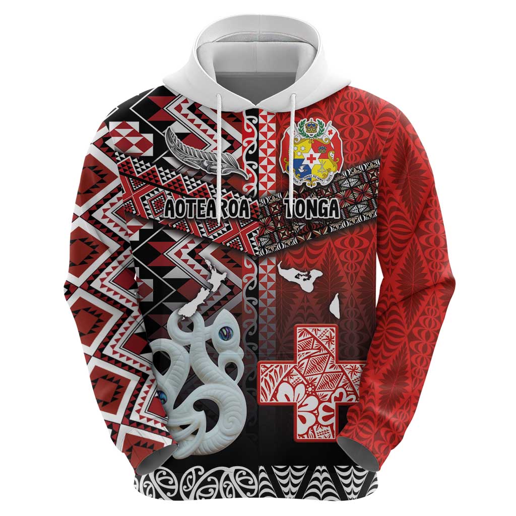 Personalised Aotearoa and Tonga Together Hoodie Manaia and Tongan Tribal Cross - Taniko and Ngatu Art Tattoo