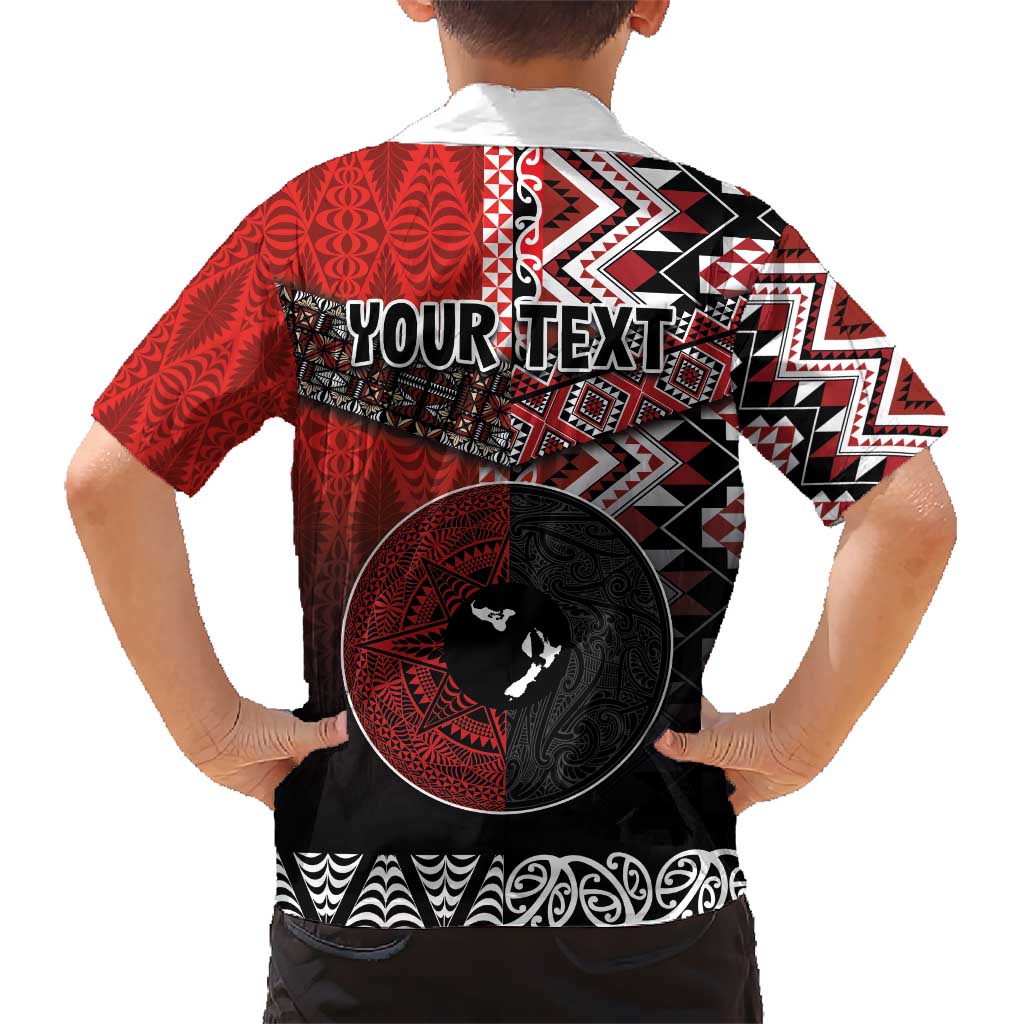 Personalised Aotearoa and Tonga Together Kid Hawaiian Shirt Manaia and Tongan Tribal Cross - Taniko and Ngatu Art Tattoo