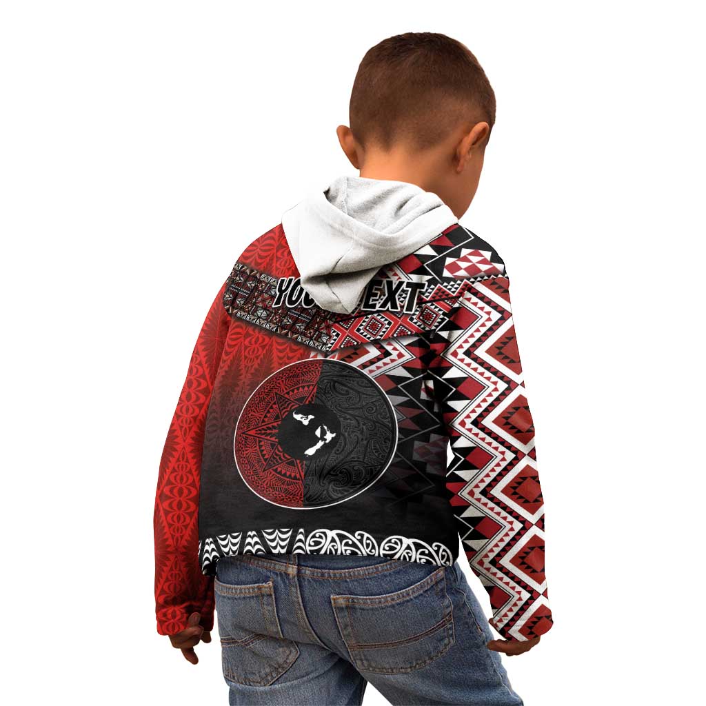 Personalised Aotearoa and Tonga Together Kid Hoodie Manaia and Tongan Tribal Cross - Taniko and Ngatu Art Tattoo LT03 - Polynesian Pride