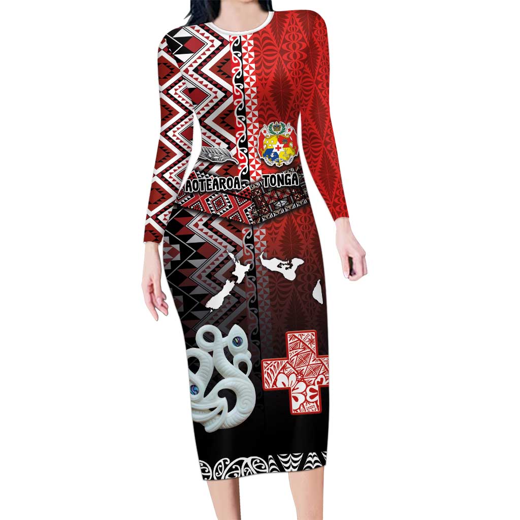 Personalised Aotearoa and Tonga Together Long Sleeve Bodycon Dress Manaia and Tongan Tribal Cross - Taniko and Ngatu Art Tattoo LT03 Long Dress Red - Polynesian Pride