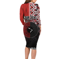 Personalised Aotearoa and Tonga Together Long Sleeve Bodycon Dress Manaia and Tongan Tribal Cross - Taniko and Ngatu Art Tattoo LT03 - Polynesian Pride