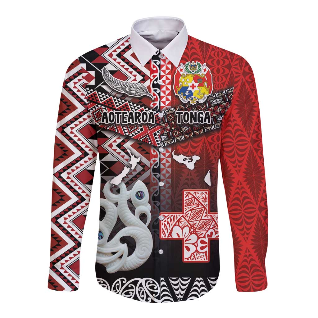 Personalised Aotearoa and Tonga Together Long Sleeve Button Shirt Manaia and Tongan Tribal Cross - Taniko and Ngatu Art Tattoo