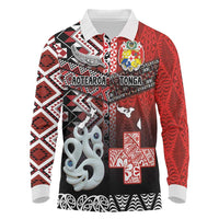 Personalised Aotearoa and Tonga Together Long Sleeve Polo Shirt Manaia and Tongan Tribal Cross - Taniko and Ngatu Art Tattoo LT03 Red - Polynesian Pride