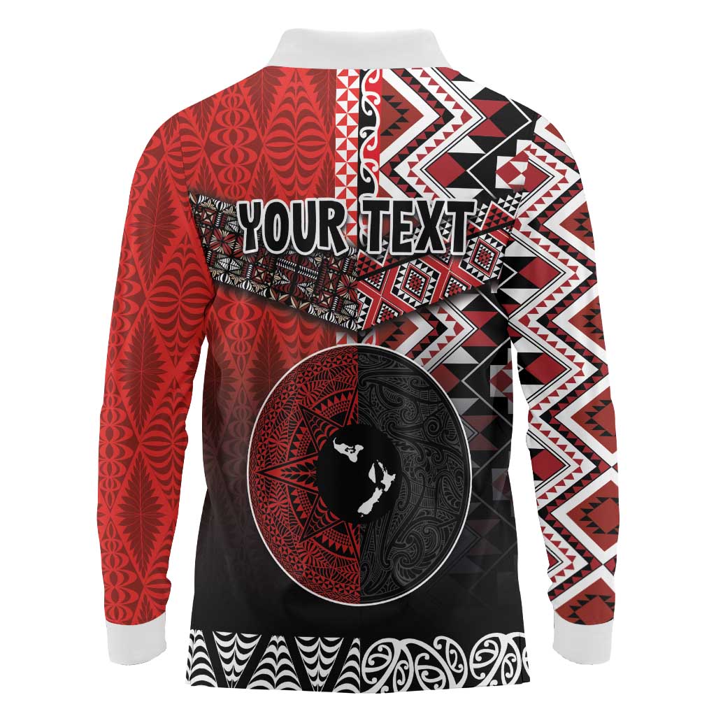 Personalised Aotearoa and Tonga Together Long Sleeve Polo Shirt Manaia and Tongan Tribal Cross - Taniko and Ngatu Art Tattoo LT03 - Polynesian Pride