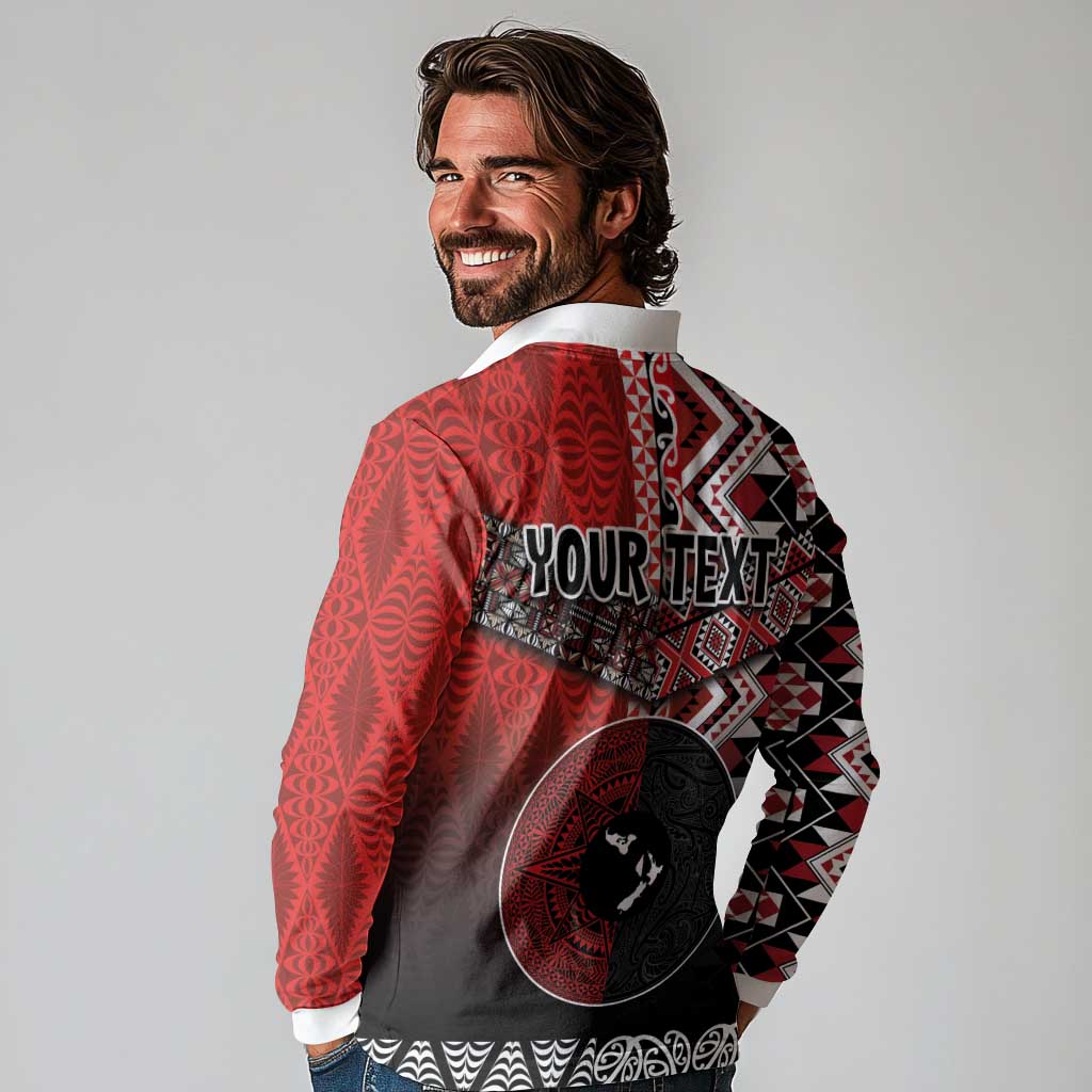 Personalised Aotearoa and Tonga Together Long Sleeve Polo Shirt Manaia and Tongan Tribal Cross - Taniko and Ngatu Art Tattoo LT03 - Polynesian Pride
