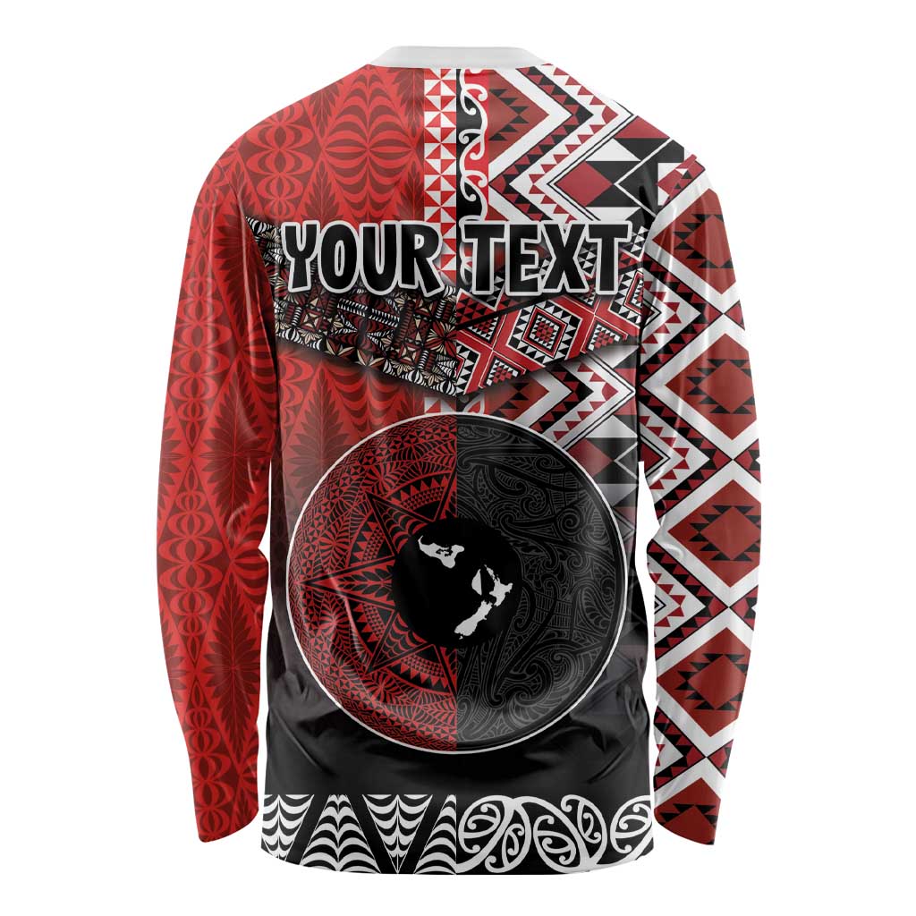 Personalised Aotearoa and Tonga Together Long Sleeve Shirt Manaia and Tongan Tribal Cross - Taniko and Ngatu Art Tattoo