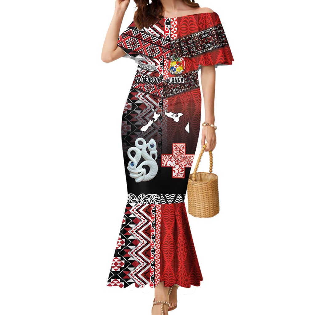 Personalised Aotearoa and Tonga Together Mermaid Dress Manaia and Tongan Tribal Cross - Taniko and Ngatu Art Tattoo LT03 Women Red - Polynesian Pride