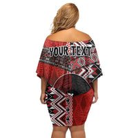 Personalised Aotearoa and Tonga Together Off Shoulder Short Dress Manaia and Tongan Tribal Cross - Taniko and Ngatu Art Tattoo LT03 - Polynesian Pride