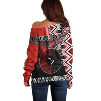 Personalised Aotearoa and Tonga Together Off Shoulder Sweater Manaia and Tongan Tribal Cross - Taniko and Ngatu Art Tattoo LT03 - Polynesian Pride
