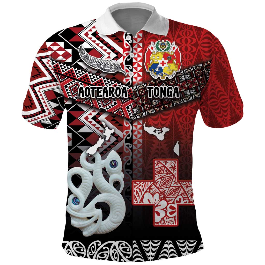 Personalised Aotearoa and Tonga Together Polo Shirt Manaia and Tongan Tribal Cross - Taniko and Ngatu Art Tattoo LT03 Red - Polynesian Pride