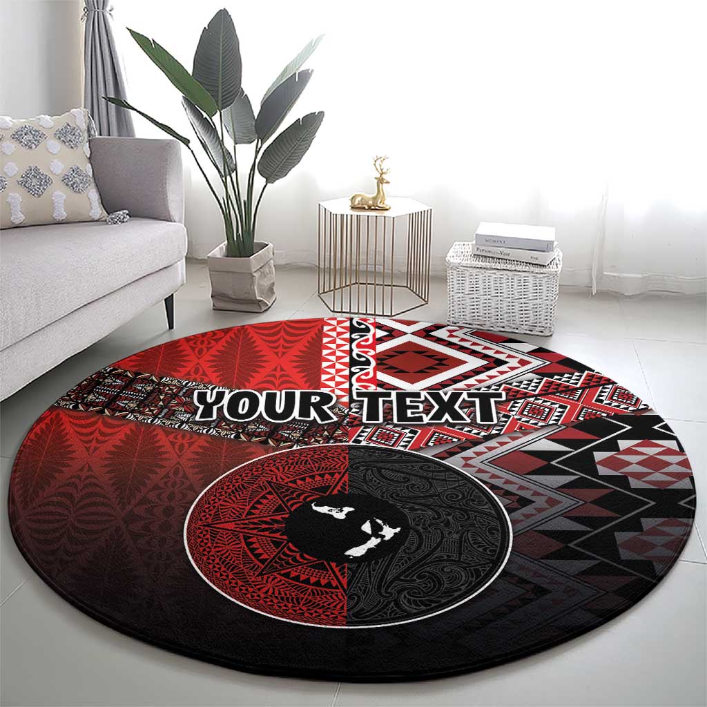 Personalised Aotearoa and Tonga Together Round Carpet Manaia and Tongan Tribal Cross - Taniko and Ngatu Art Tattoo