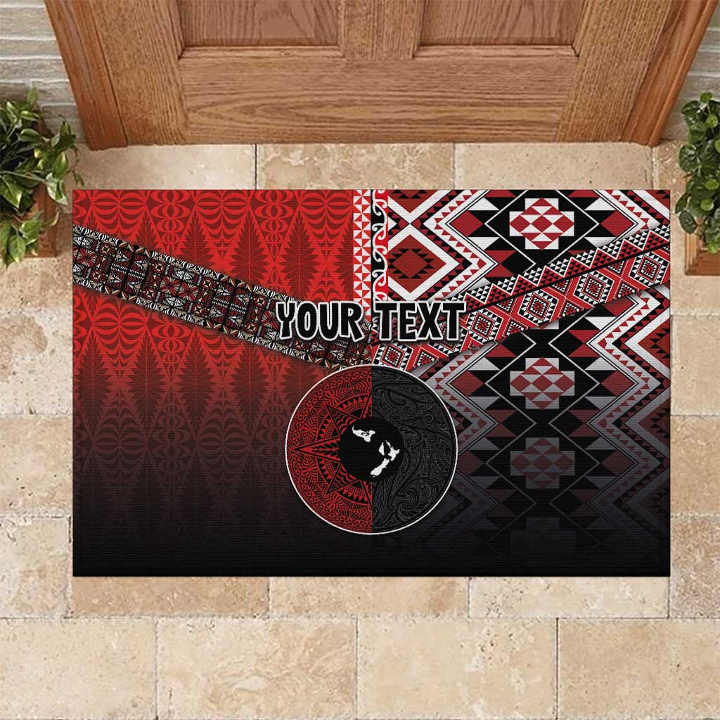 Personalised Aotearoa and Tonga Together Rubber Doormat Manaia and Tongan Tribal Cross - Taniko and Ngatu Art Tattoo