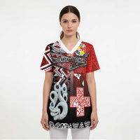 Personalised Aotearoa and Tonga Together Scrub Top Manaia and Tongan Tribal Cross - Taniko and Ngatu Art Tattoo - Polynesian Pride