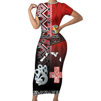 Personalised Aotearoa and Tonga Together Short Sleeve Bodycon Dress Manaia and Tongan Tribal Cross - Taniko and Ngatu Art Tattoo LT03 Long Dress Red - Polynesian Pride