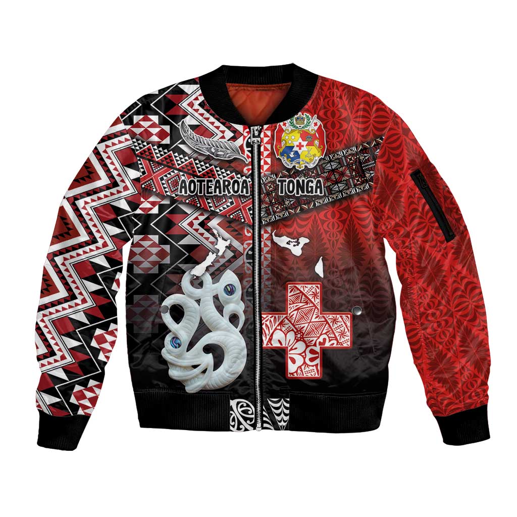 Personalised Aotearoa and Tonga Together Sleeve Zip Bomber Jacket Manaia and Tongan Tribal Cross - Taniko and Ngatu Art Tattoo