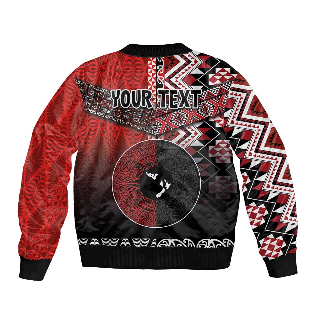 Personalised Aotearoa and Tonga Together Sleeve Zip Bomber Jacket Manaia and Tongan Tribal Cross - Taniko and Ngatu Art Tattoo LT03 - Polynesian Pride