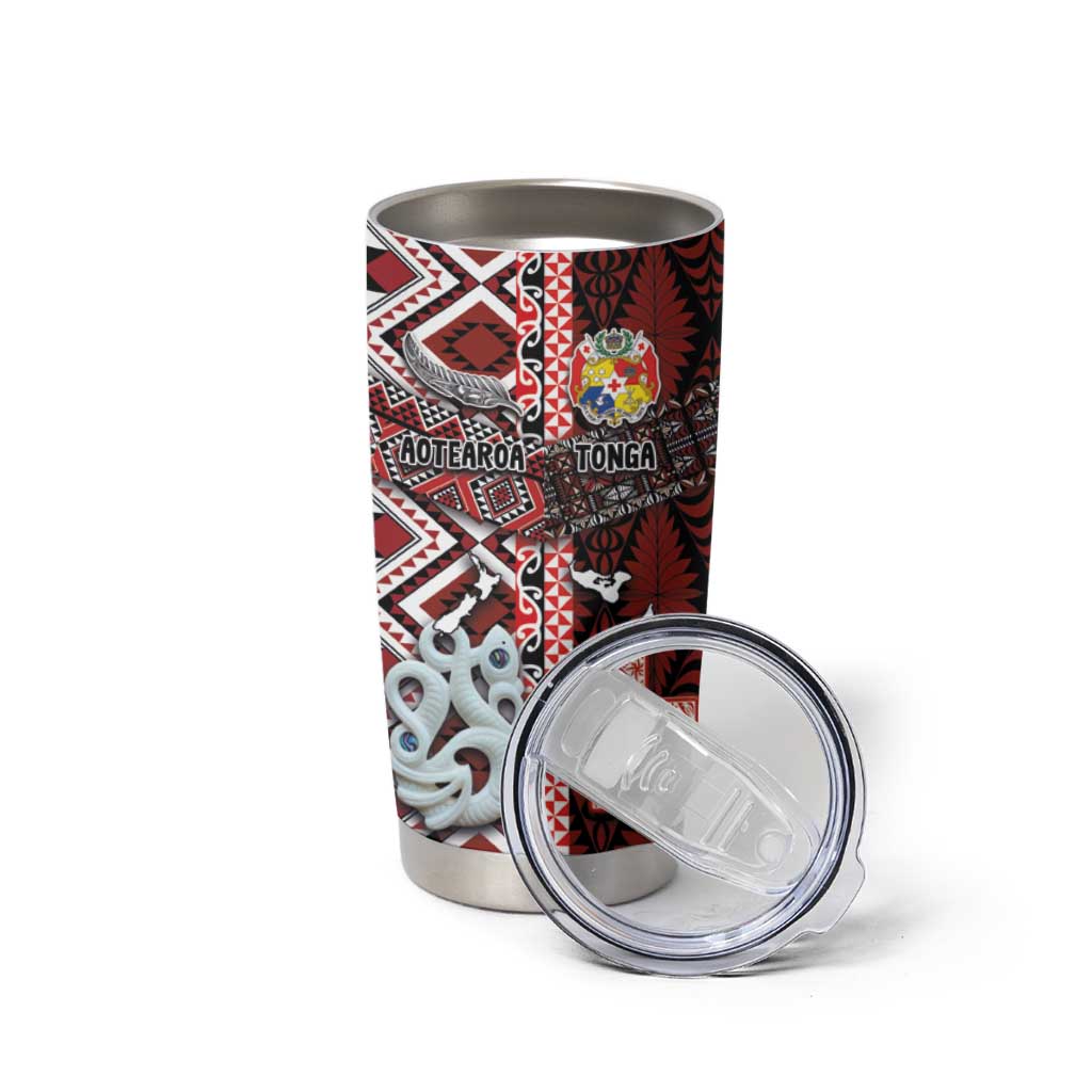 Personalised Aotearoa and Tonga Together Tumbler Cup Manaia and Tongan Tribal Cross - Taniko and Ngatu Art Tattoo LT03 - Polynesian Pride
