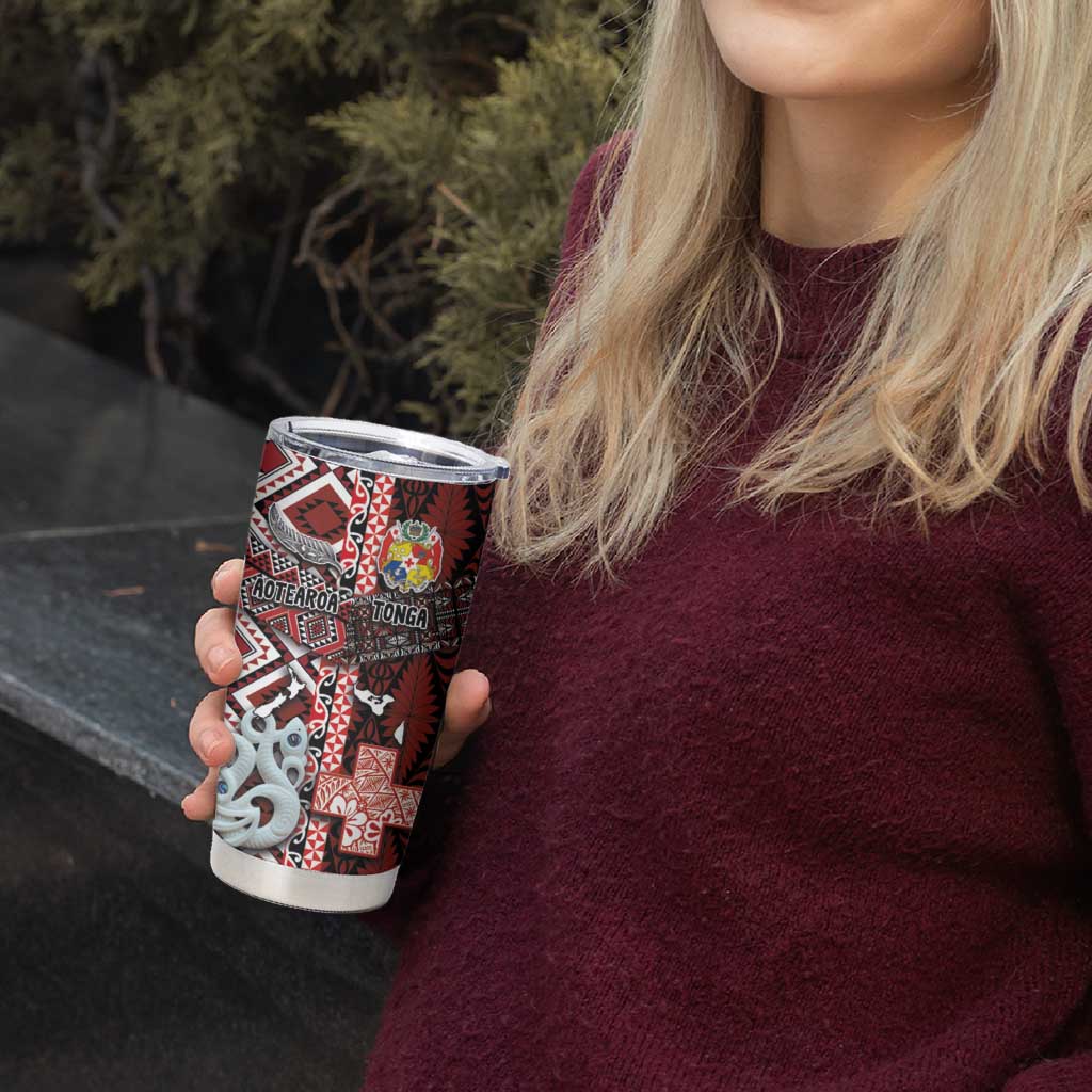 Personalised Aotearoa and Tonga Together Tumbler Cup Manaia and Tongan Tribal Cross - Taniko and Ngatu Art Tattoo LT03 - Polynesian Pride