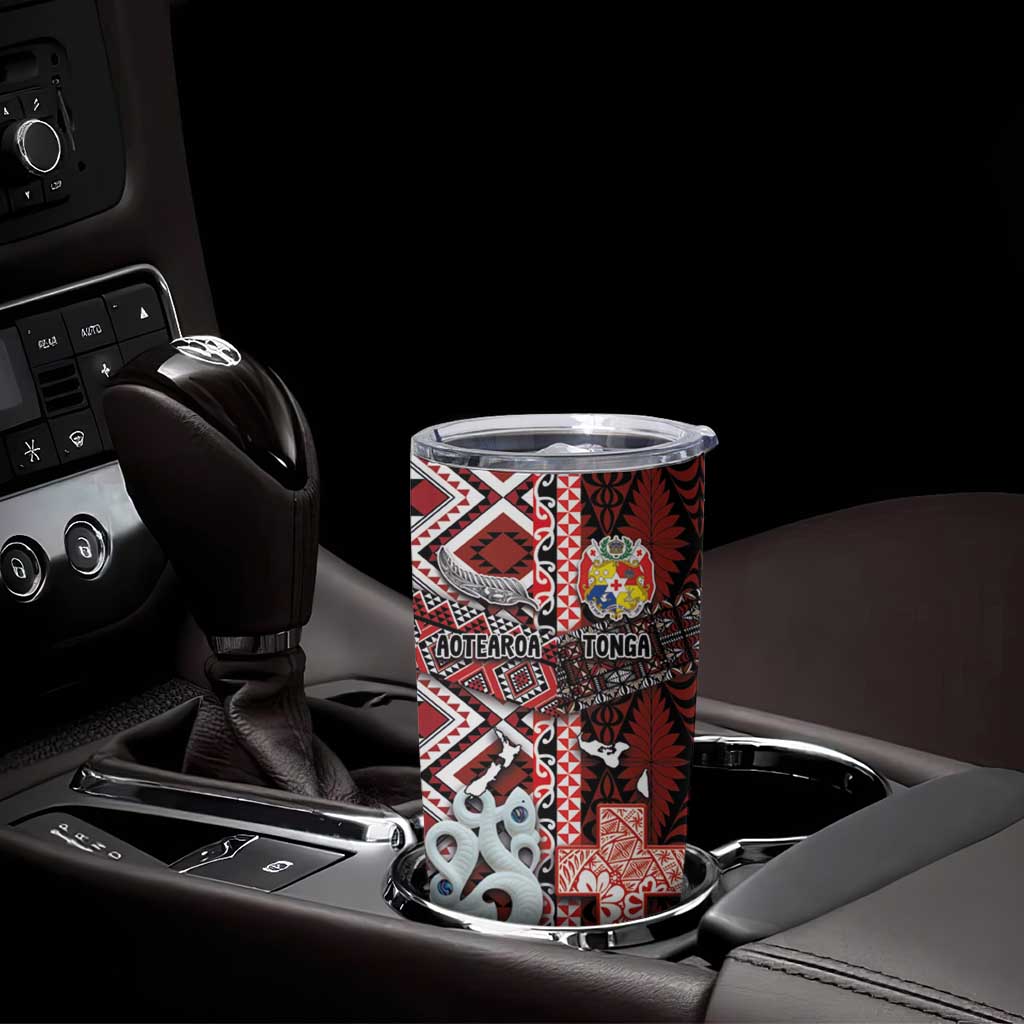 Personalised Aotearoa and Tonga Together Tumbler Cup Manaia and Tongan Tribal Cross - Taniko and Ngatu Art Tattoo LT03 - Polynesian Pride