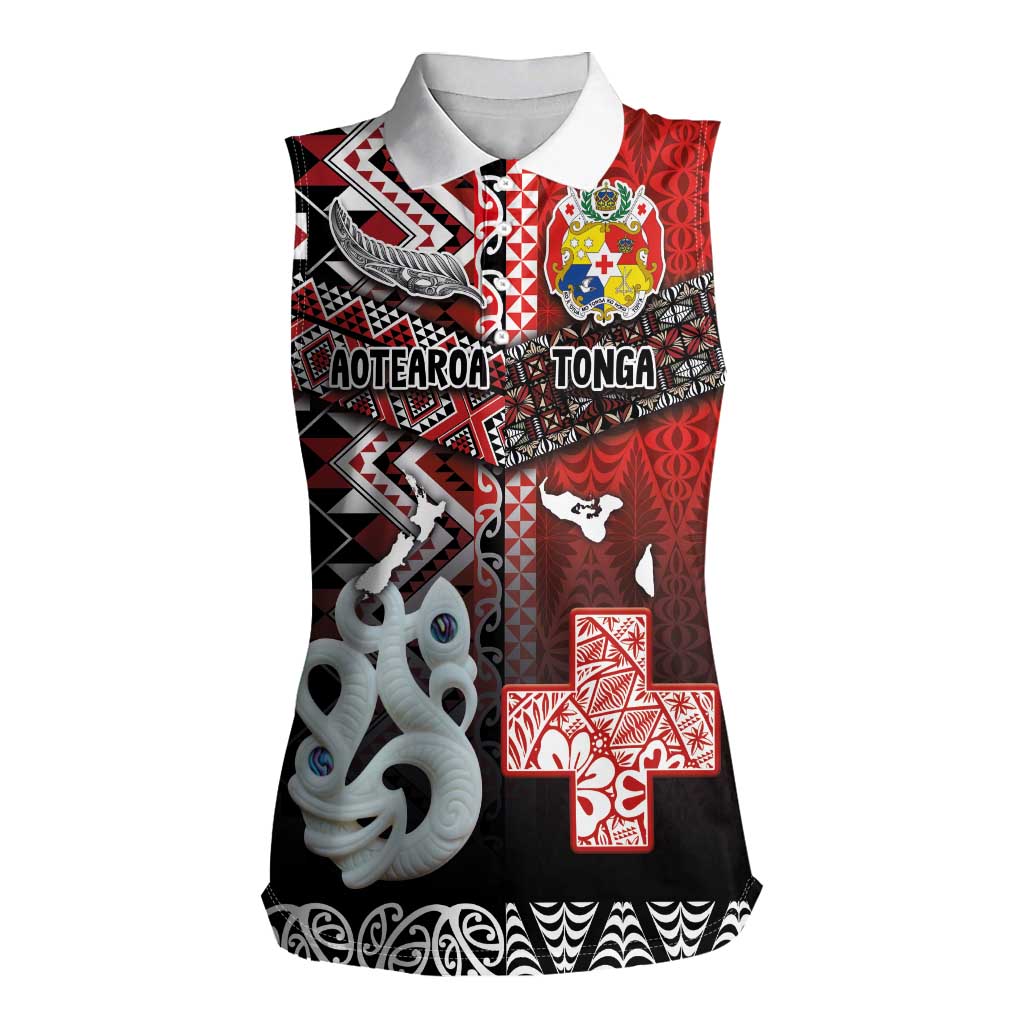Personalised Aotearoa and Tonga Together Women Sleeveless Polo Shirt Manaia and Tongan Tribal Cross - Taniko and Ngatu Art Tattoo LT03 Female Red - Polynesian Pride
