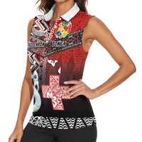 Personalised Aotearoa and Tonga Together Women Sleeveless Polo Shirt Manaia and Tongan Tribal Cross - Taniko and Ngatu Art Tattoo LT03 - Polynesian Pride