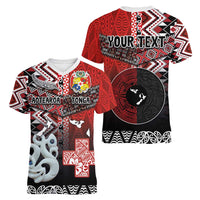 Personalised Aotearoa and Tonga Together Women V-Neck T-Shirt Manaia and Tongan Tribal Cross - Taniko and Ngatu Art Tattoo
