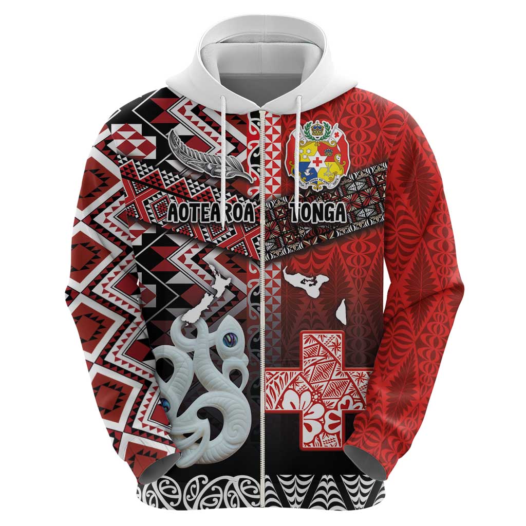 Personalised Aotearoa and Tonga Together Zip Hoodie Manaia and Tongan Tribal Cross - Taniko and Ngatu Art Tattoo