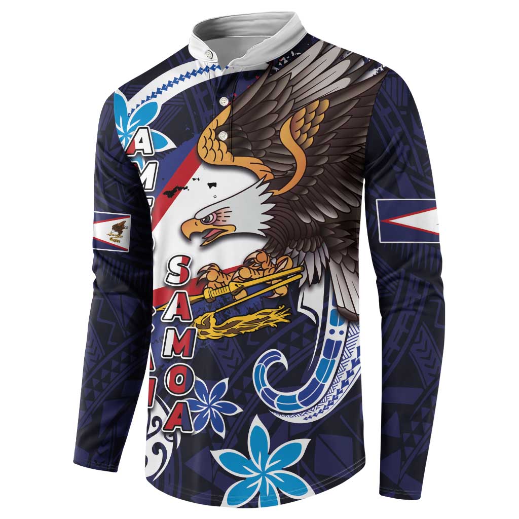American Samoa Flag Day Button Sweatshirt Bald Eagle with Uatogi and Fue - Polynesian and Floral Tribal Tattoo