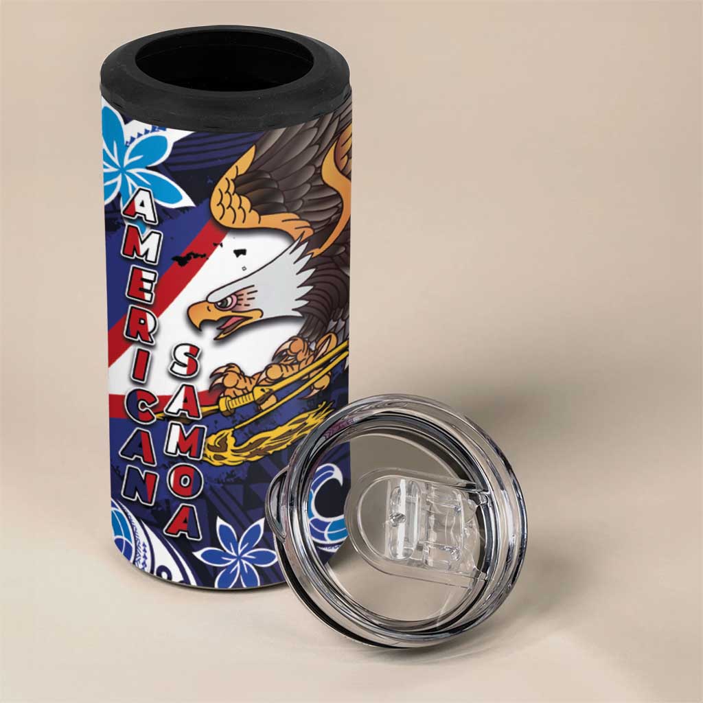 American Samoa Flag Day 4 in 1 Can Cooler Tumbler Bald Eagle with Uatogi and Fue - Polynesian and Floral Tribal Tattoo