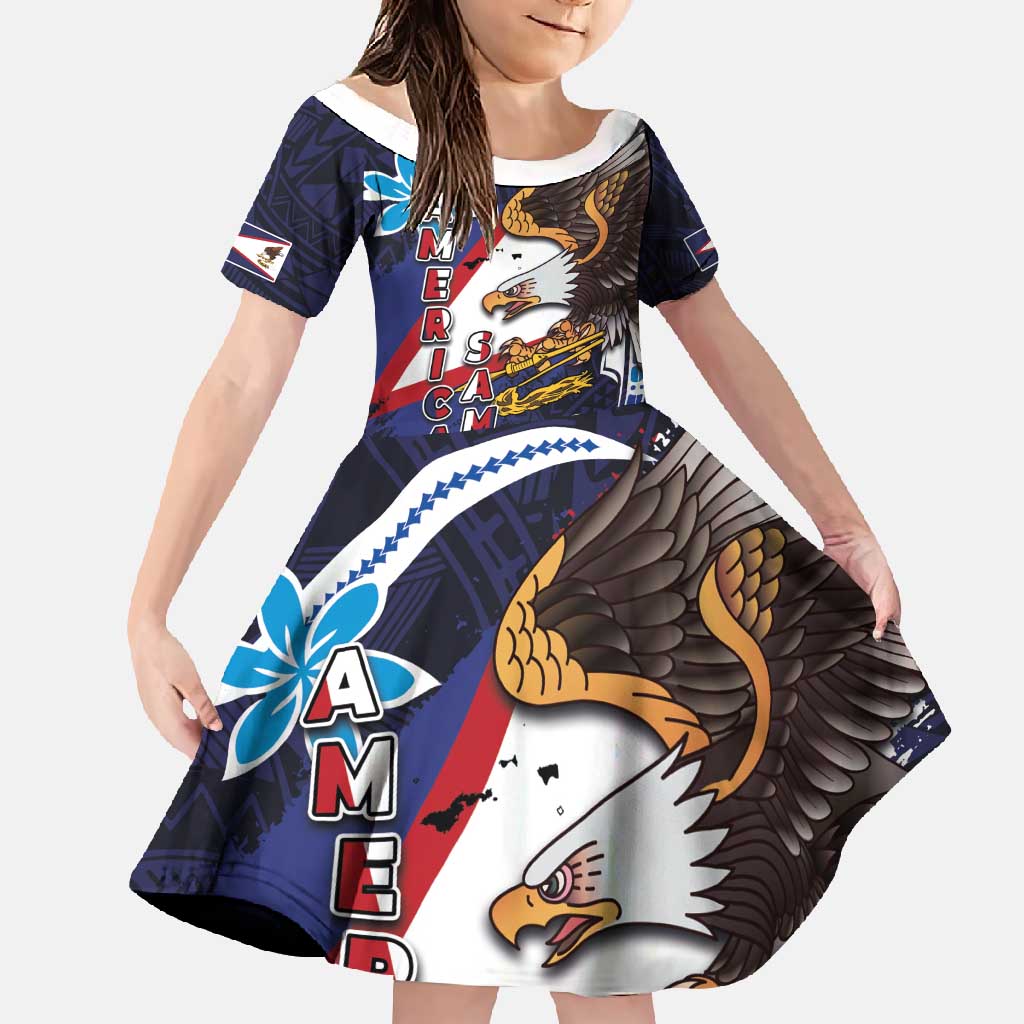 American Samoa Flag Day Family Matching Long Sleeve Bodycon Dress and Hawaiian Shirt Bald Eagle with Uatogi and Fue - Polynesian and Floral Tribal Tattoo LT03 Daughter's Dress Navy - Polynesian Pride