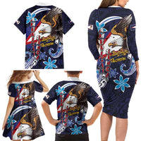American Samoa Flag Day Family Matching Long Sleeve Bodycon Dress and Hawaiian Shirt Bald Eagle with Uatogi and Fue - Polynesian and Floral Tribal Tattoo LT03 - Polynesian Pride
