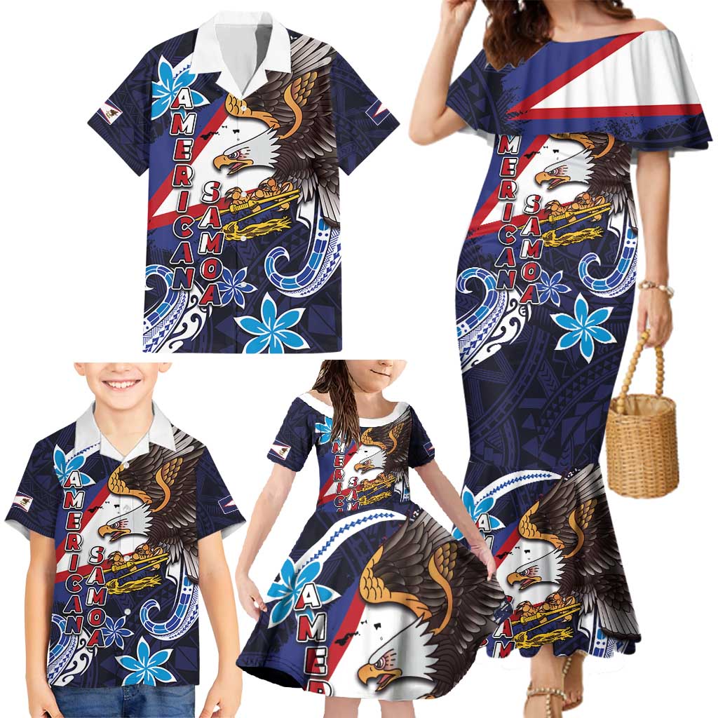 American Samoa Flag Day Family Matching Mermaid Dress and Hawaiian Shirt Bald Eagle with Uatogi and Fue - Polynesian and Floral Tribal Tattoo LT03 - Polynesian Pride