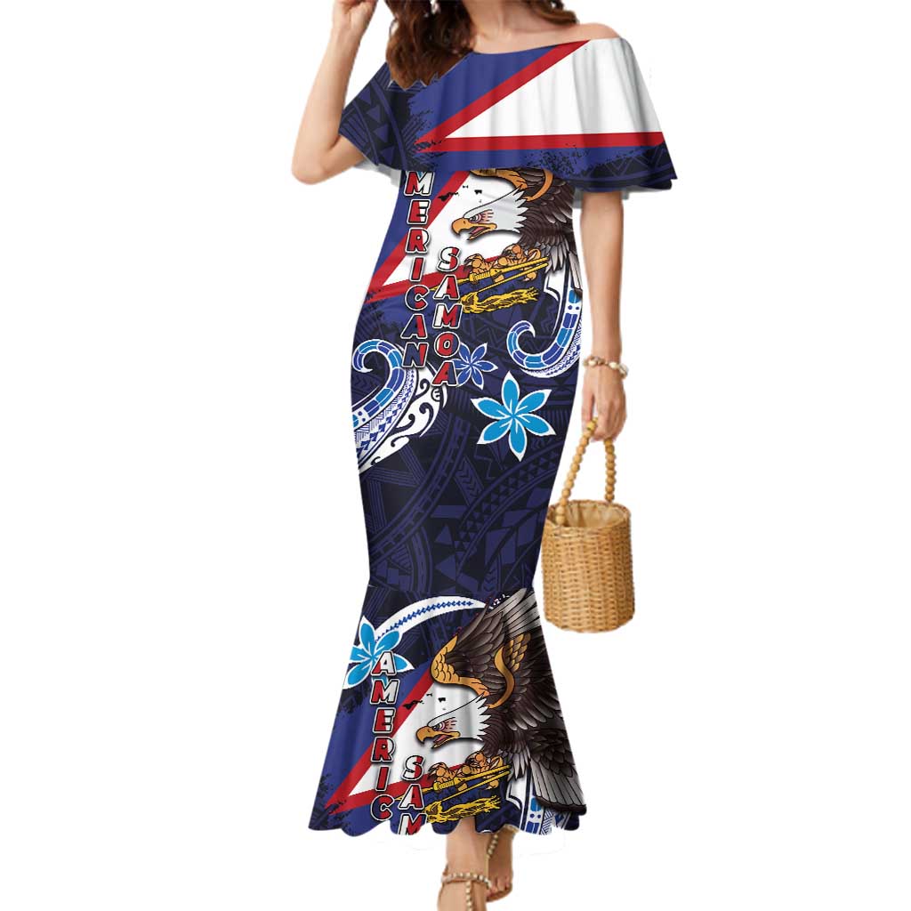 American Samoa Flag Day Family Matching Mermaid Dress and Hawaiian Shirt Bald Eagle with Uatogi and Fue - Polynesian and Floral Tribal Tattoo LT03 Mom's Dress Navy - Polynesian Pride