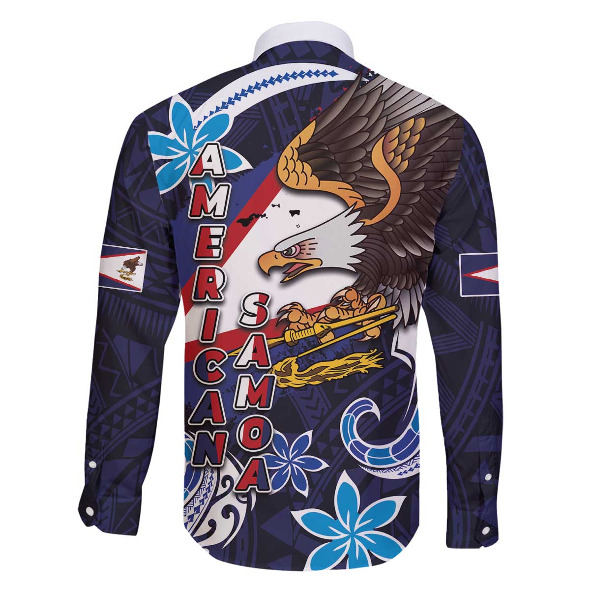 American Samoa Flag Day Family Matching Off The Shoulder Long Sleeve Dress and Hawaiian Shirt Bald Eagle with Uatogi and Fue - Polynesian and Floral Tribal Tattoo LT03 - Polynesian Pride