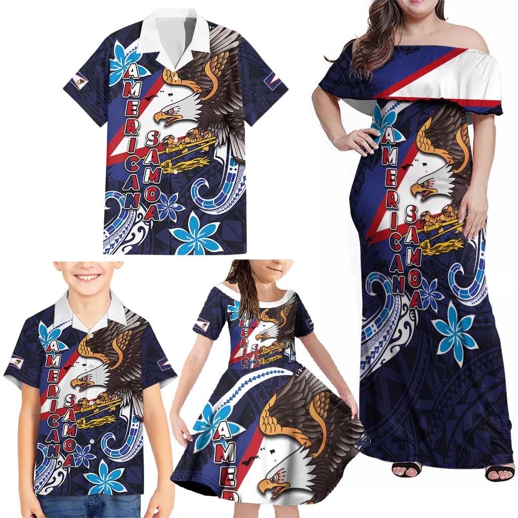 American Samoa Flag Day Family Matching Off Shoulder Maxi Dress and Hawaiian Shirt Bald Eagle with Uatogi and Fue - Polynesian and Floral Tribal Tattoo LT03 - Polynesian Pride