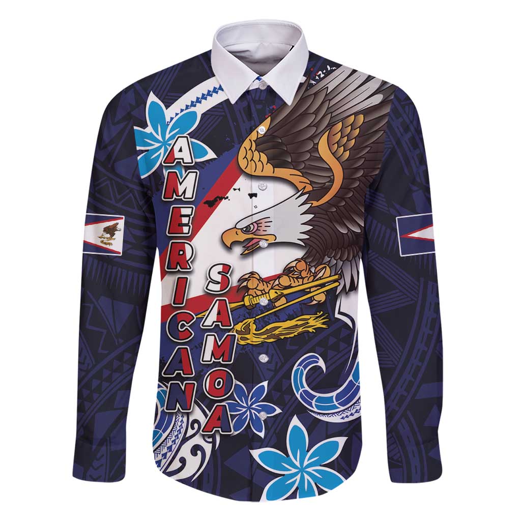 American Samoa Flag Day Family Matching Off Shoulder Maxi Dress and Hawaiian Shirt Bald Eagle with Uatogi and Fue - Polynesian and Floral Tribal Tattoo LT03 Dad's Shirt - Long Sleeve Navy - Polynesian Pride