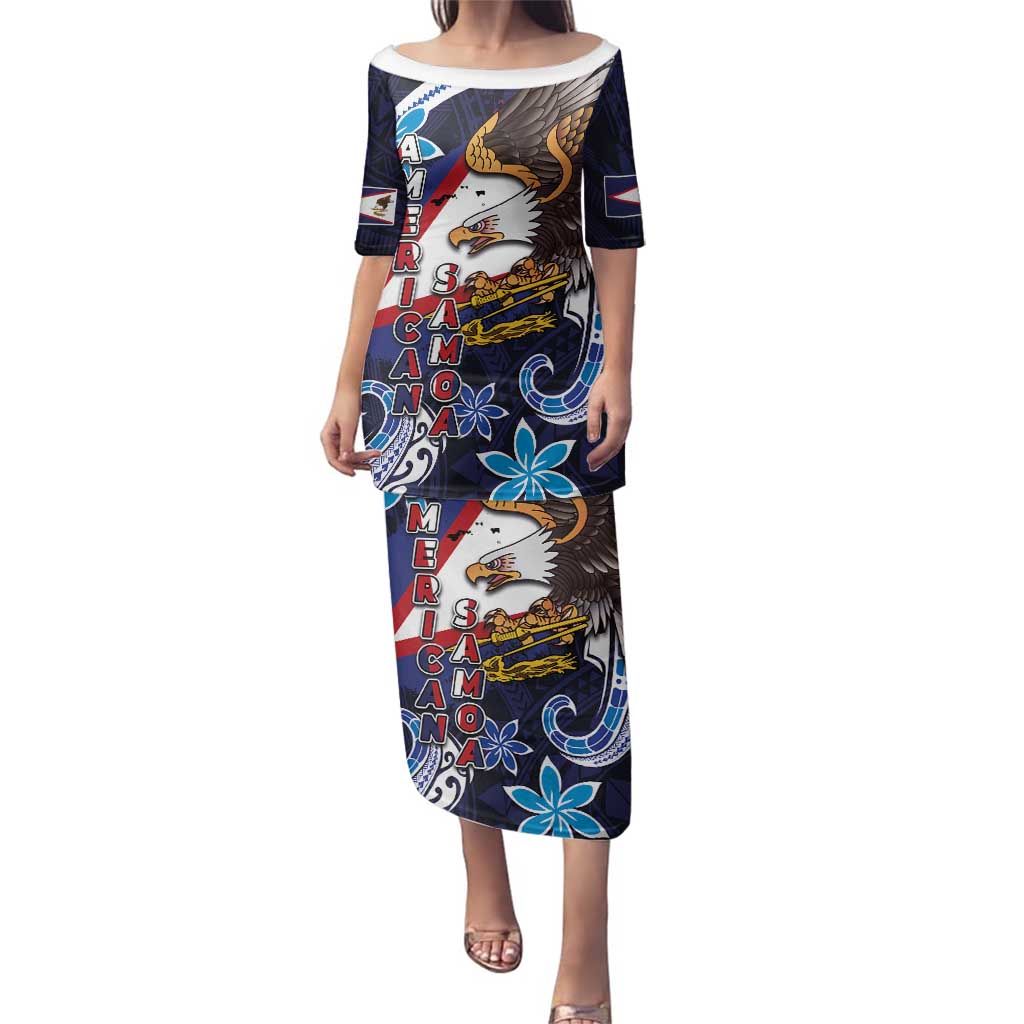 American Samoa Flag Day Family Matching Puletasi and Hawaiian Shirt Bald Eagle with Uatogi and Fue - Polynesian and Floral Tribal Tattoo LT03 Mom's Dress Navy - Polynesian Pride