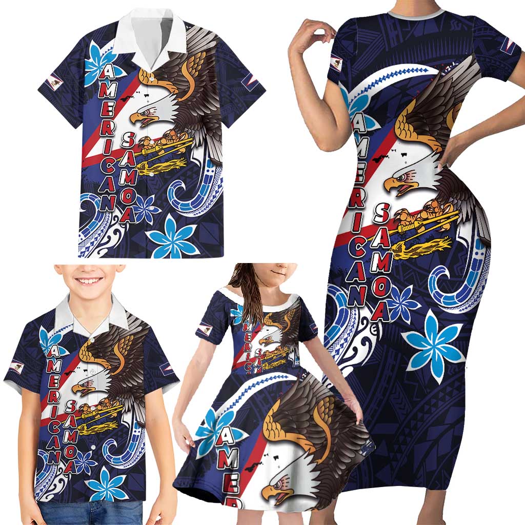 American Samoa Flag Day Family Matching Short Sleeve Bodycon Dress and Hawaiian Shirt Bald Eagle with Uatogi and Fue - Polynesian and Floral Tribal Tattoo LT03 - Polynesian Pride