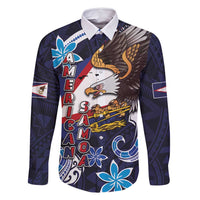 American Samoa Flag Day Family Matching Tank Maxi Dress and Hawaiian Shirt Bald Eagle with Uatogi and Fue - Polynesian and Floral Tribal Tattoo LT03 Dad's Shirt - Long Sleeve Navy - Polynesian Pride