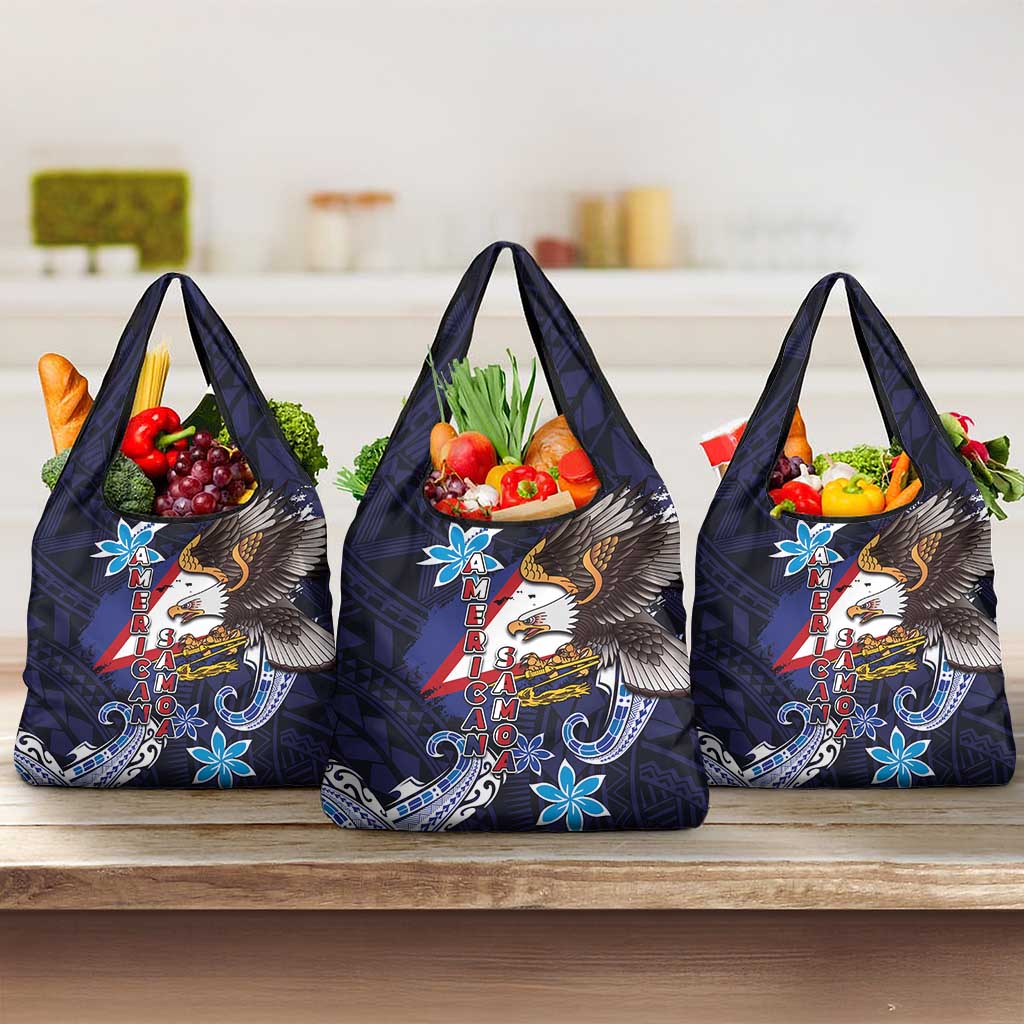 American Samoa Flag Day Grocery Bag Bald Eagle with Uatogi and Fue - Polynesian and Floral Tribal Tattoo