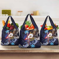 American Samoa Flag Day Grocery Bag Bald Eagle with Uatogi and Fue - Polynesian and Floral Tribal Tattoo