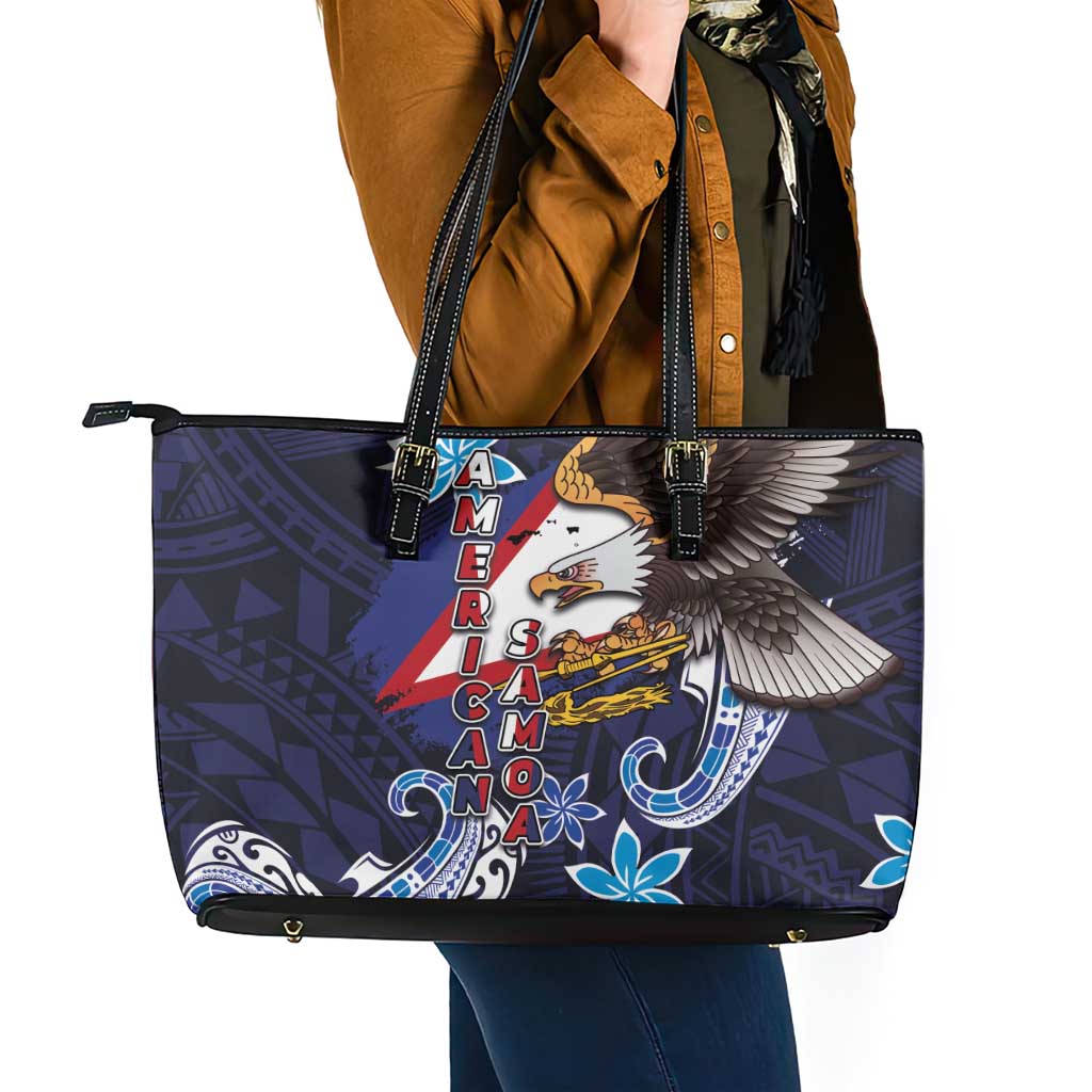American Samoa Flag Day Leather Tote Bag Bald Eagle with Uatogi and Fue - Polynesian and Floral Tribal Tattoo
