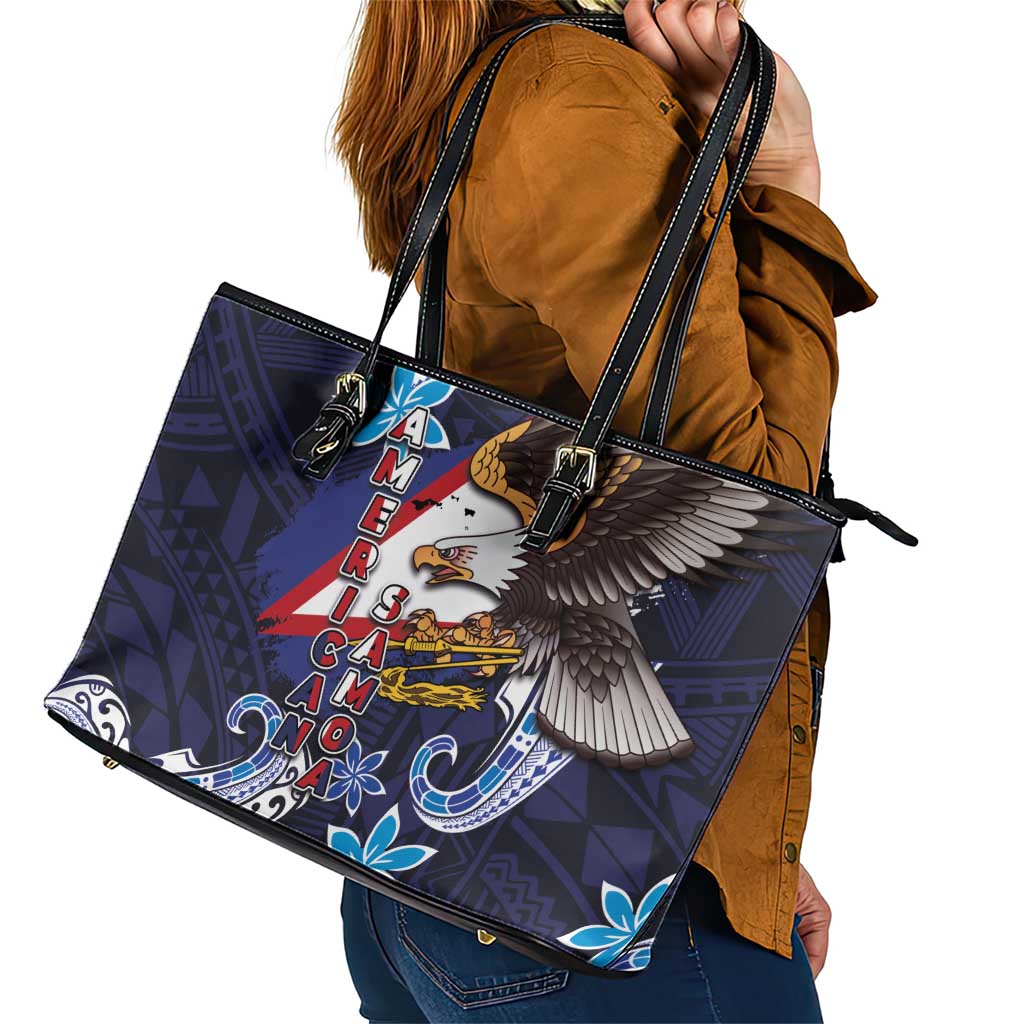 American Samoa Flag Day Leather Tote Bag Bald Eagle with Uatogi and Fue - Polynesian and Floral Tribal Tattoo