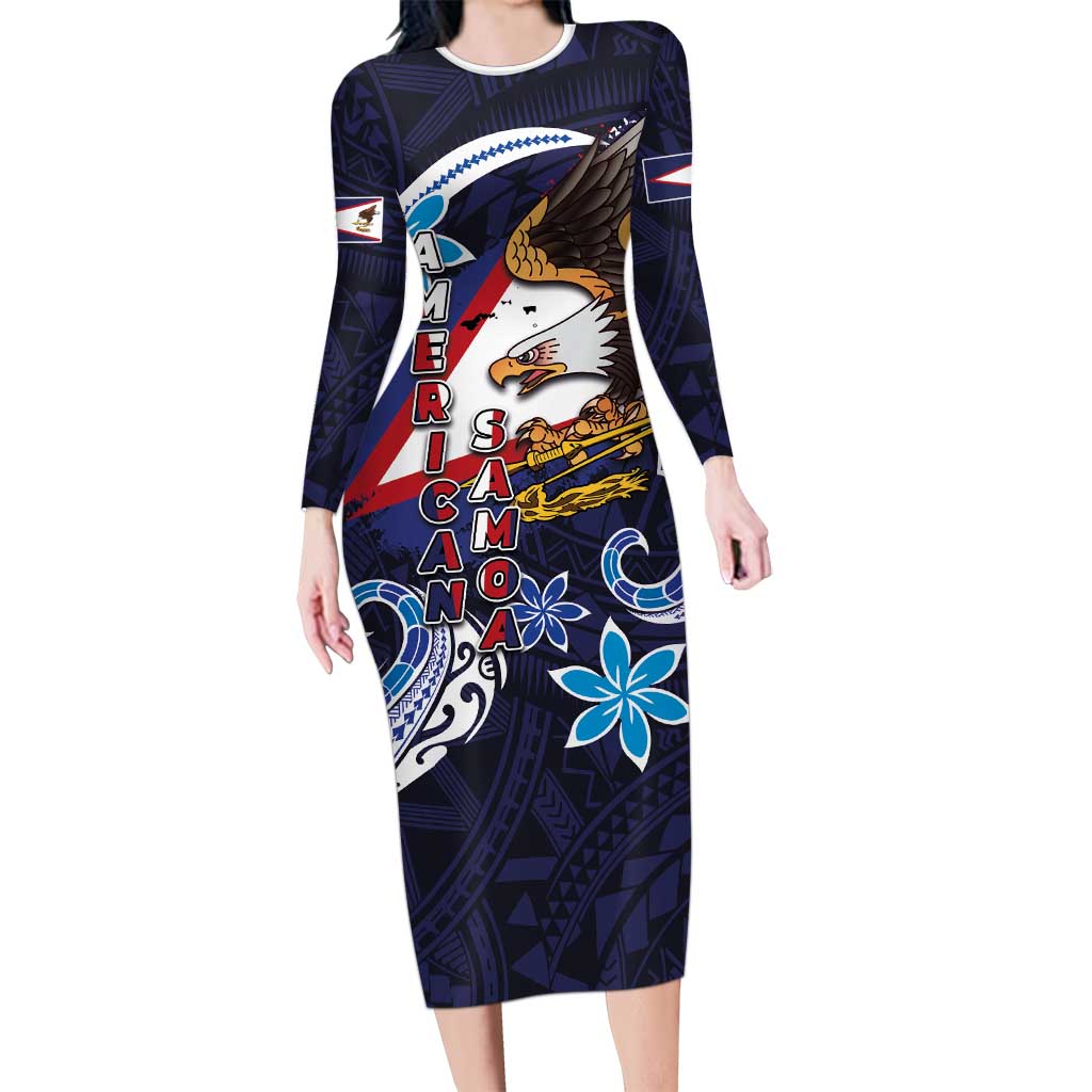 American Samoa Flag Day Long Sleeve Bodycon Dress Bald Eagle with Uatogi and Fue - Polynesian and Floral Tribal Tattoo LT03 Long Dress Navy - Polynesian Pride
