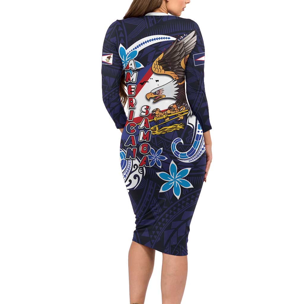 American Samoa Flag Day Long Sleeve Bodycon Dress Bald Eagle with Uatogi and Fue - Polynesian and Floral Tribal Tattoo LT03 - Polynesian Pride