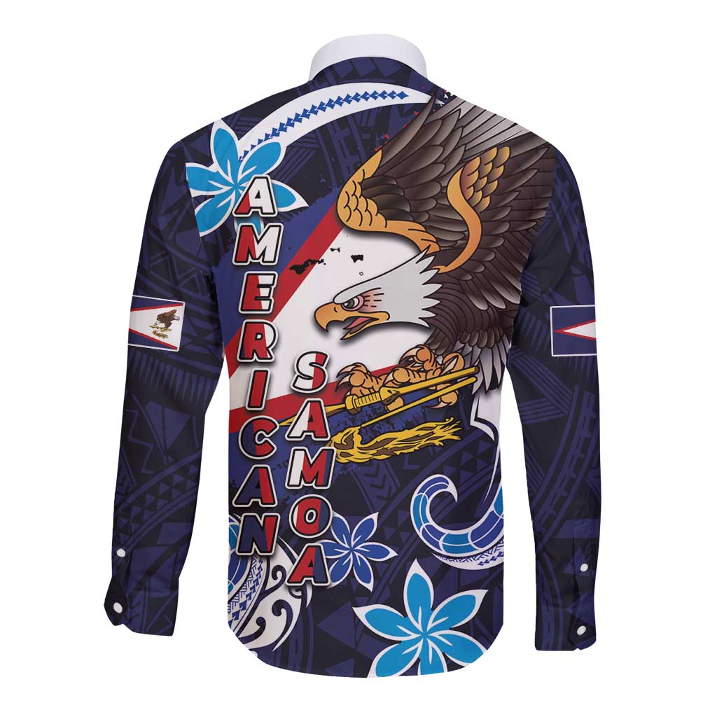 American Samoa Flag Day Long Sleeve Button Shirt Bald Eagle with Uatogi and Fue - Polynesian and Floral Tribal Tattoo
