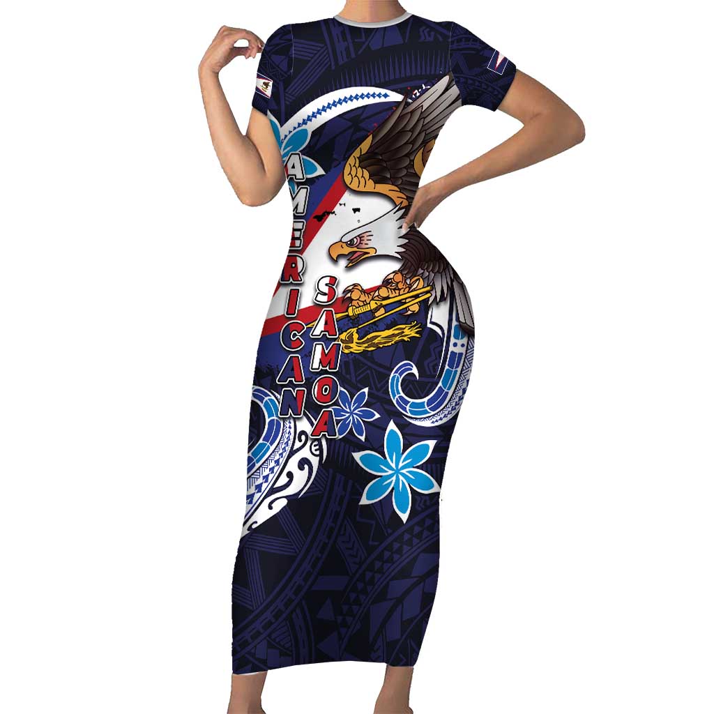American Samoa Flag Day Short Sleeve Bodycon Dress Bald Eagle with Uatogi and Fue - Polynesian and Floral Tribal Tattoo LT03 Long Dress Navy - Polynesian Pride