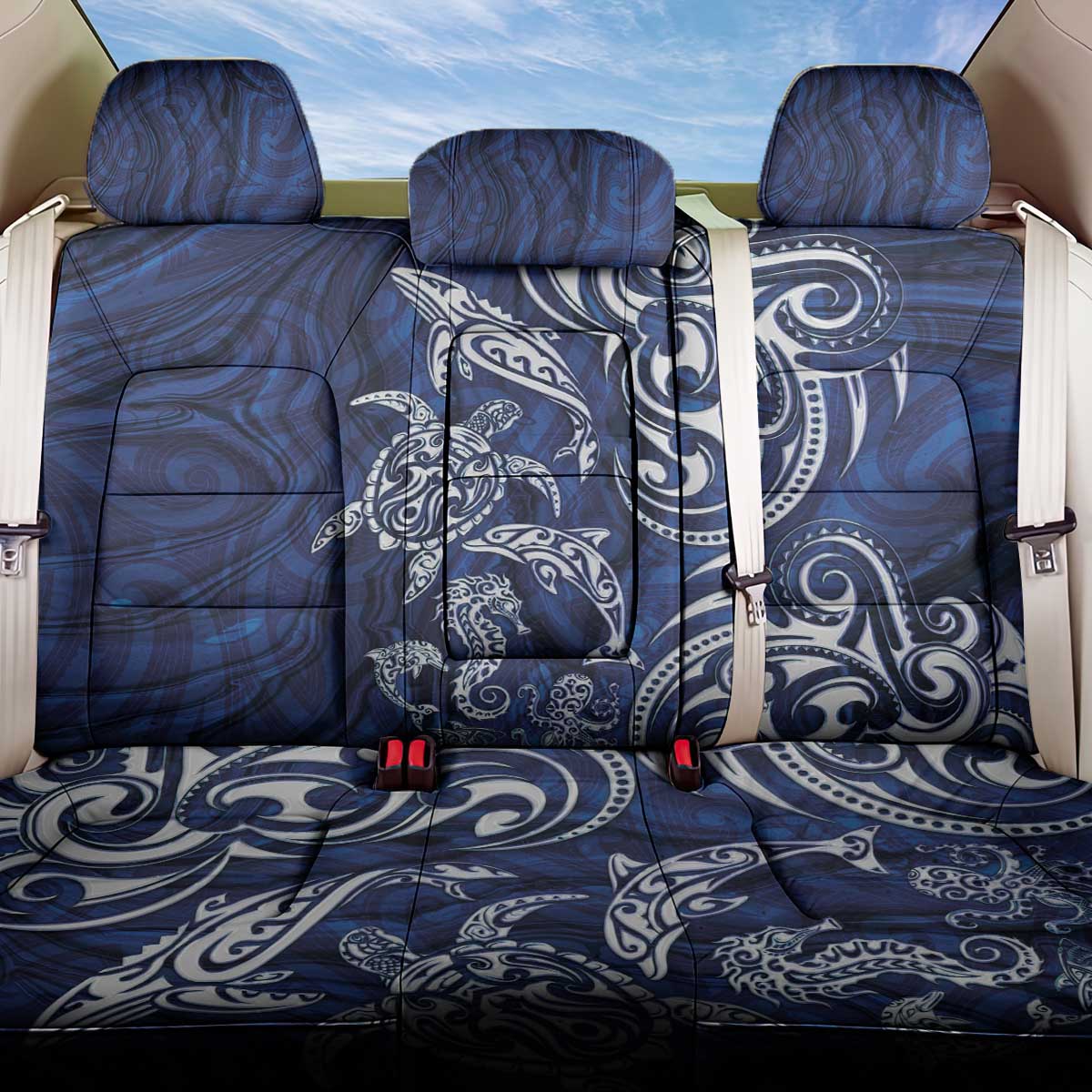 New Zealand Connecting with Seas Back Car Seat Cover Maori Tribal and Sea Animals Tattoo - White Glass Style LT03 One Size Navy - Polynesian Pride